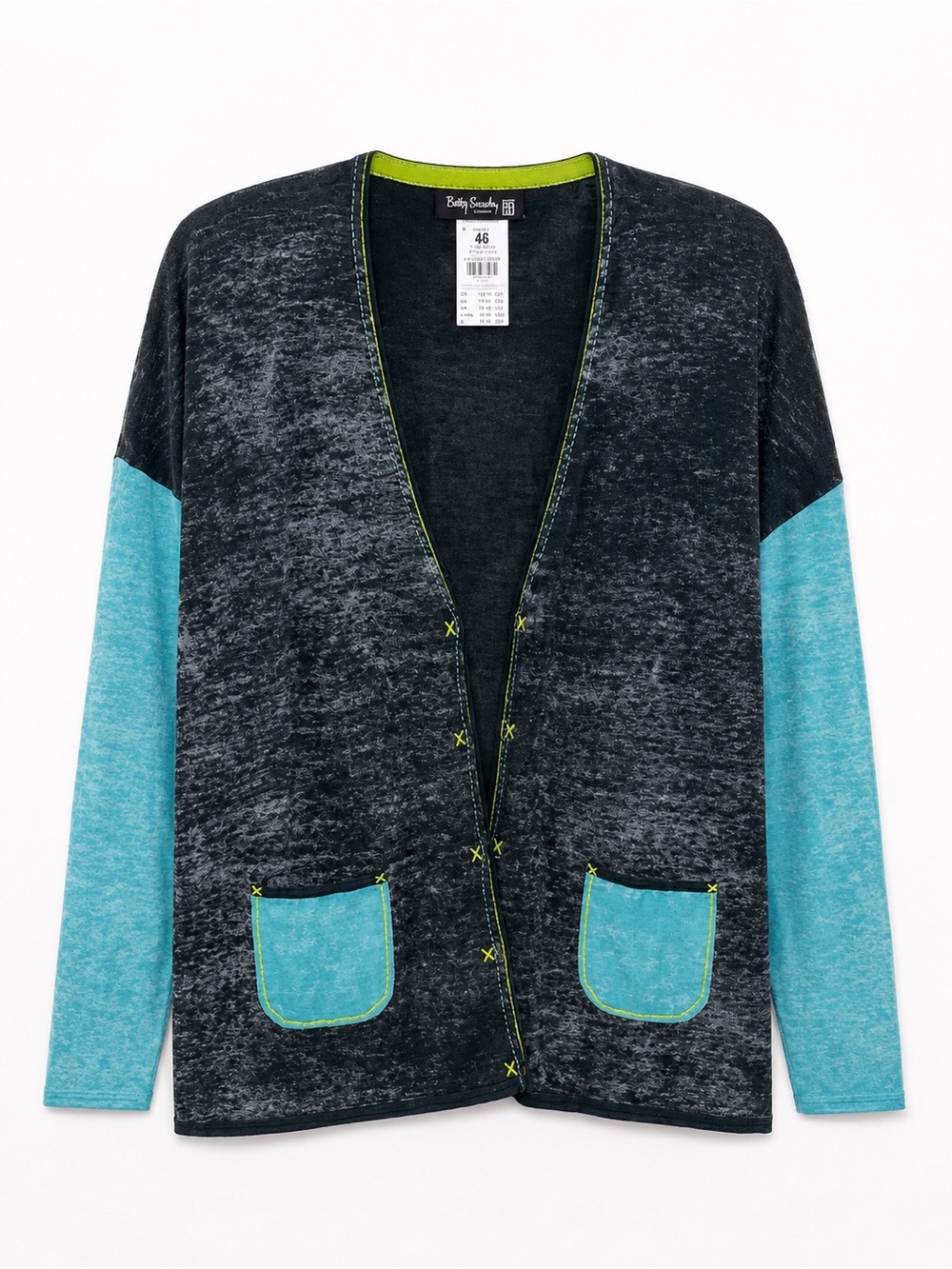 Betty Barclay Open Front Cardigan Sweater Lime Contrast Stitching Pockets